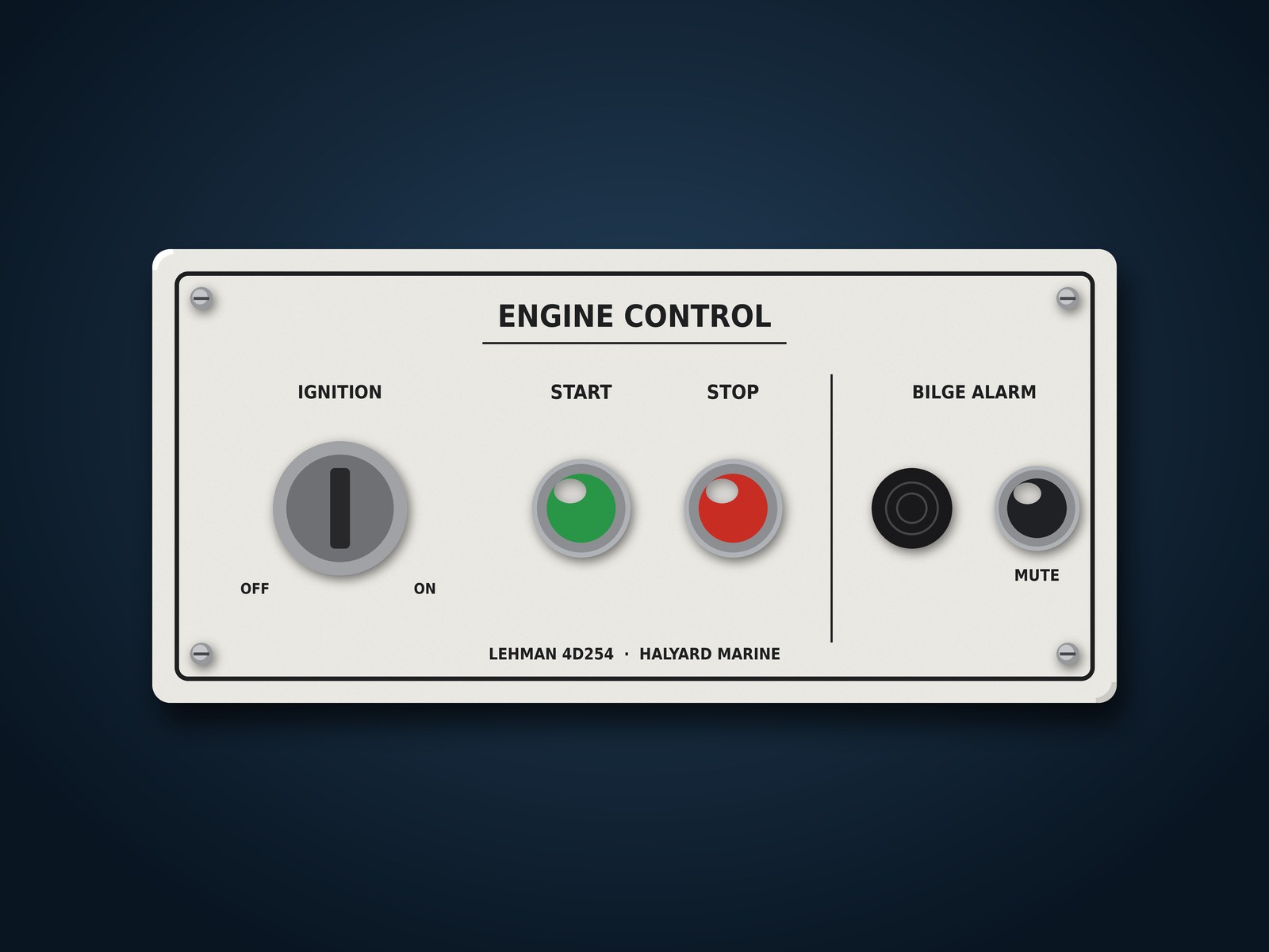 Render of a white engine control panel with ignition, start, stop and bilge alarm