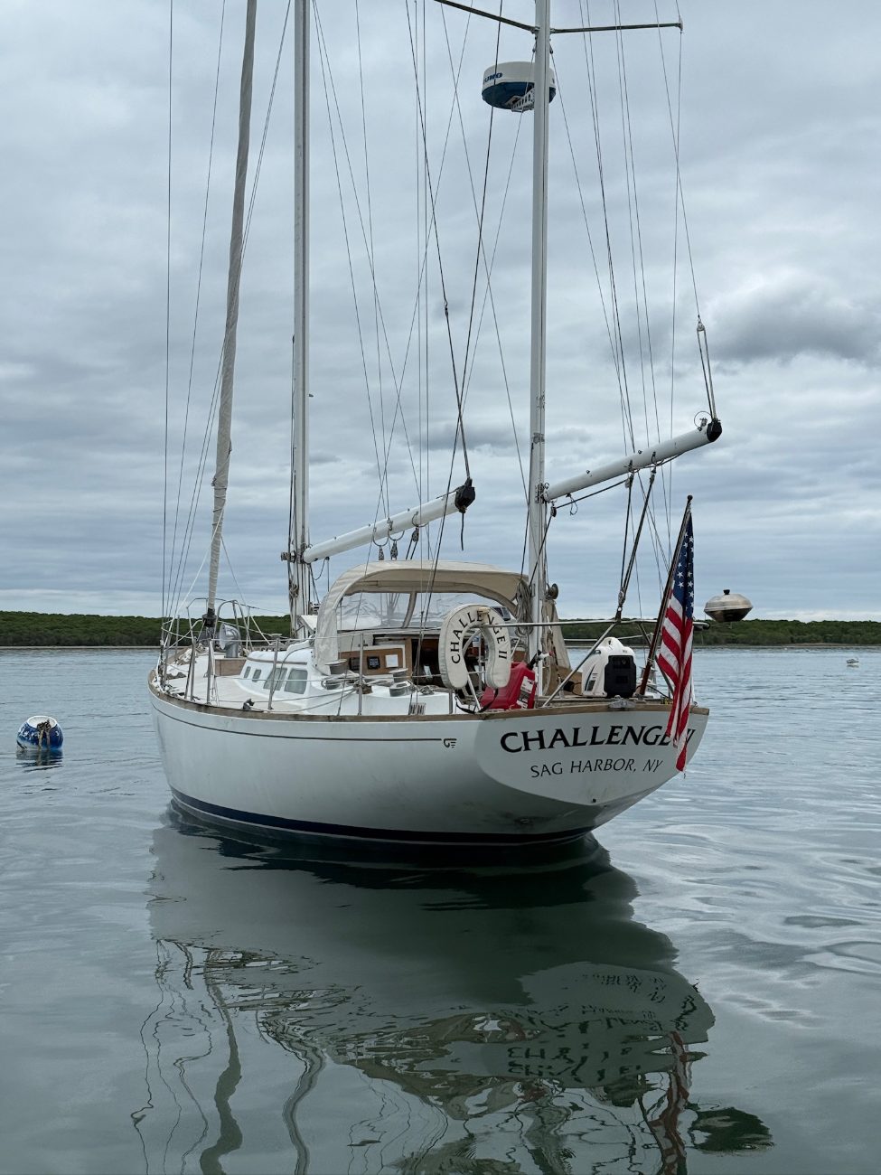 A classic yawl on her mooring